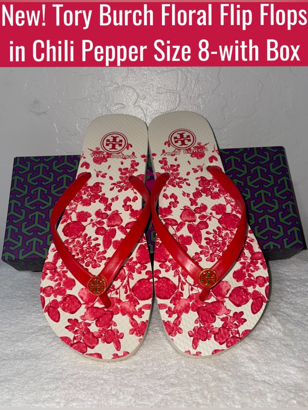 New! Tory Burch Floral Flip Flop Sandals in Chili Pepper Size 8-with Box